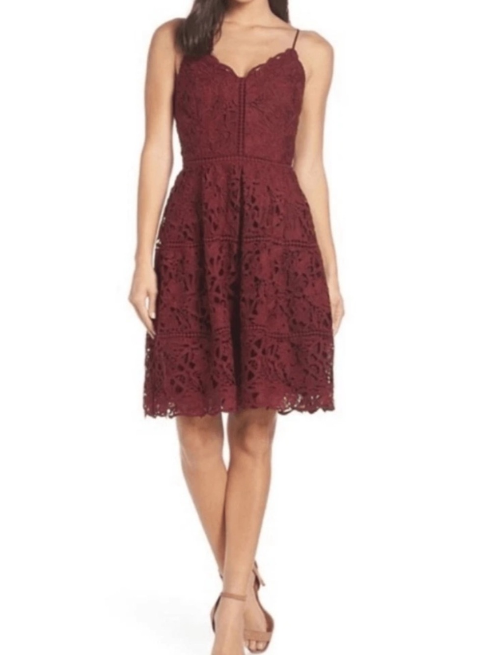 Adelyn Rae Burgundy Floral Lace Fit Flare Dress Cocktail‎ Wedding Medium